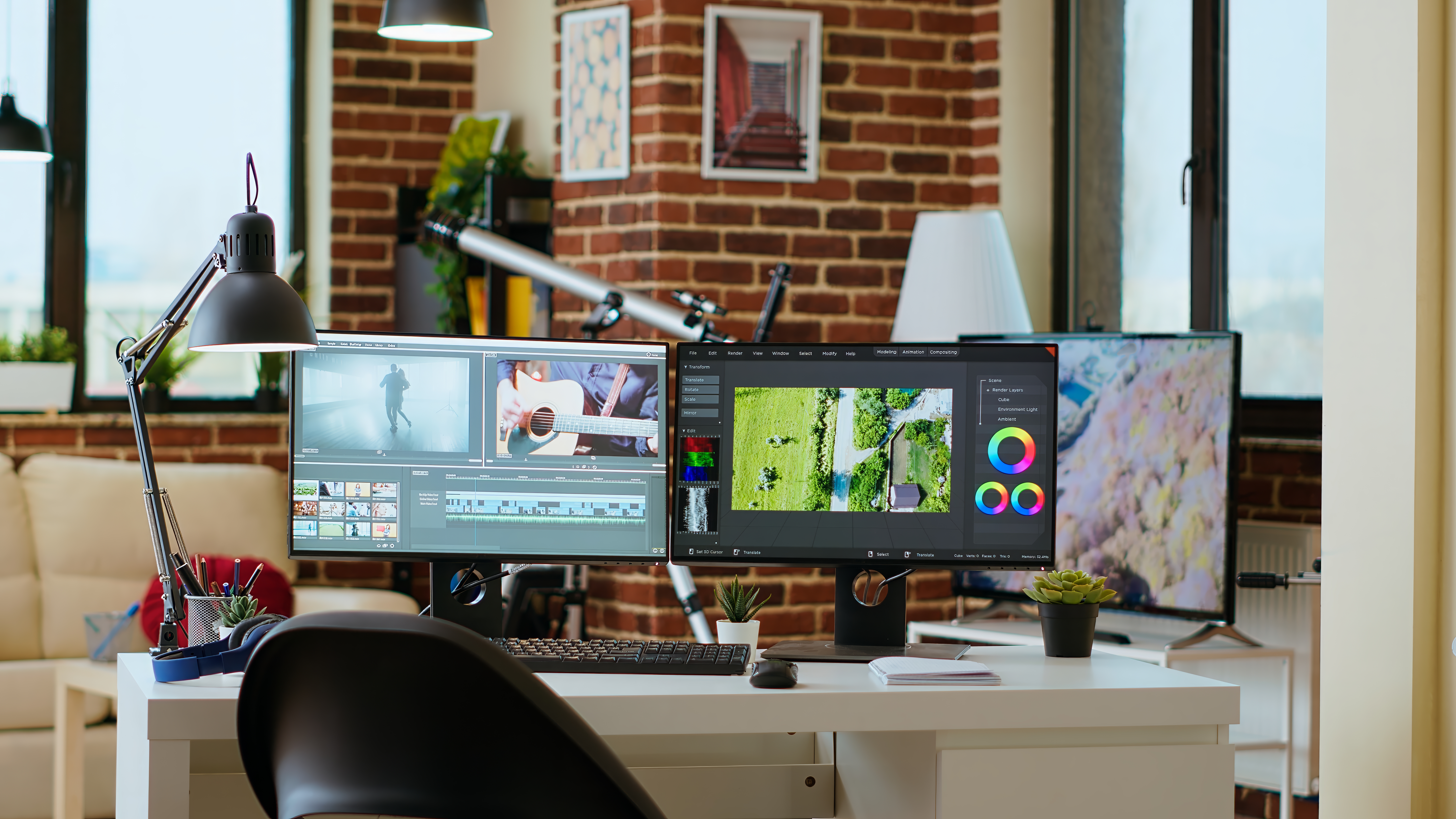 Clean modern desk setup in a living room designed for media production, video post production. Dual monitors display video editing software, tech tools and a color wheel add a professional touch.